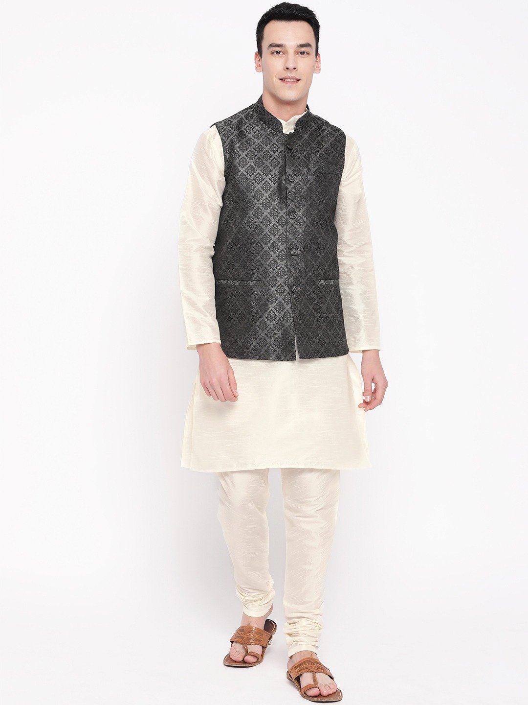 Mag Men's Cream Matching Kurta Churidar With Black 2nd Waiscoat For Men