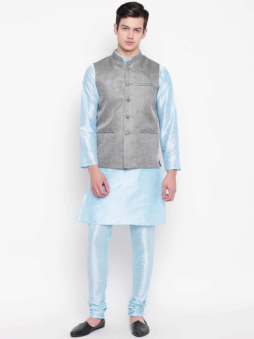 Mag Men's Sky Blue Matching Kurta Churidar With Gray 1st Joot Waiscoat For Men