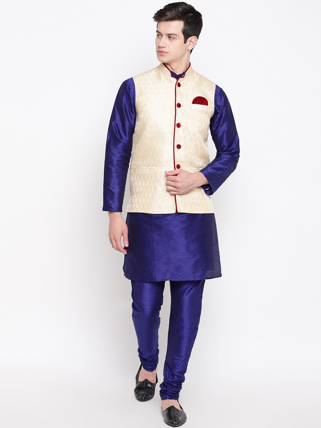 Mag Men's Royal Blue Matching Kurta Churidar With Gold Waiscoat For Men