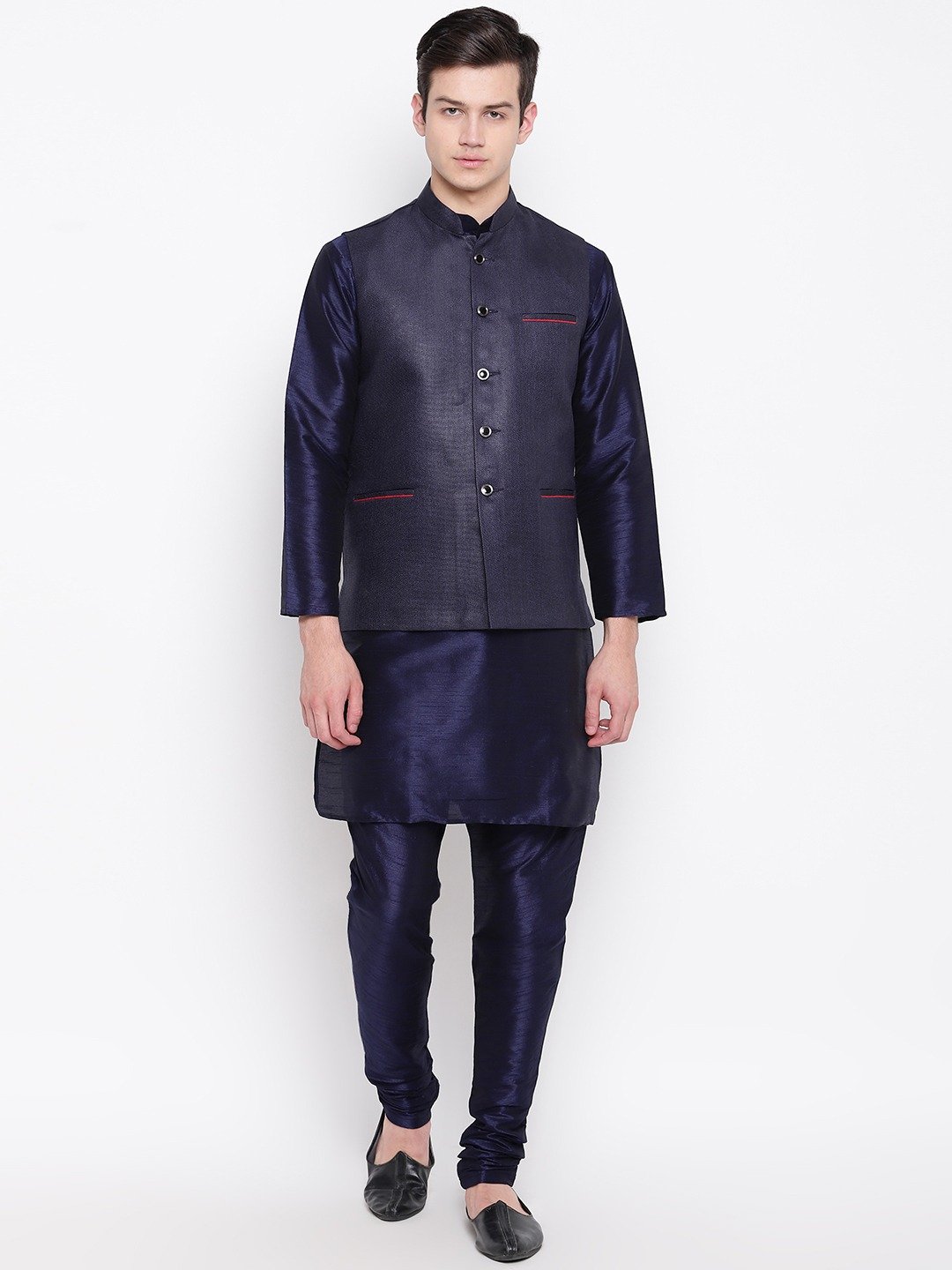 Mag Men's Navy Blue Matching Kurta Churidar With Navy Blue Joot Waiscoat For Men