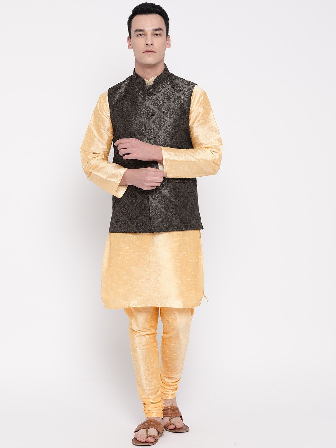 Mag Men's Gold Matching Kurta Churidar With Black 1st Waiscoat For Men