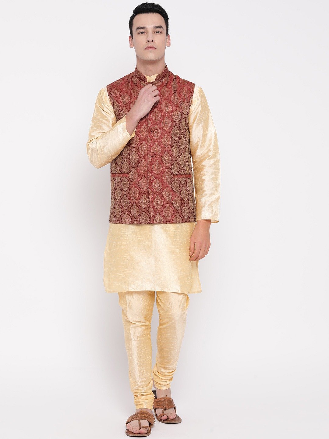 Mag Men's Gold Matching Kurta Churidar With Mahroon Waiscoat For Men
