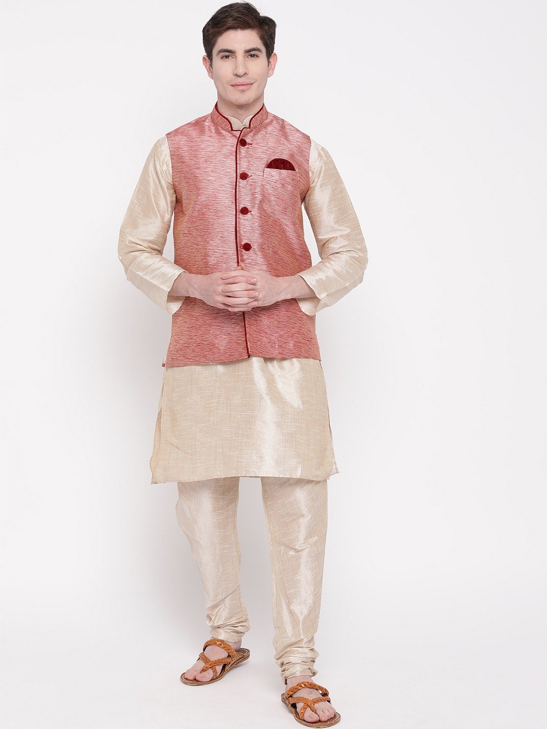 Mag Men's Double Tone Matching Kurta Churidar With Pink Waiscoat For Men