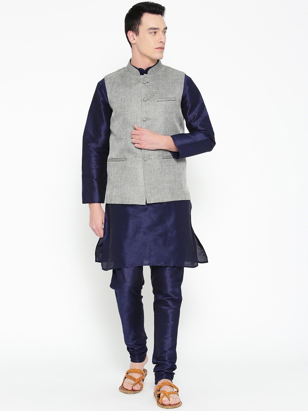 Mag Men's Navy Blue Matching Kurta Churidar With Gray 1st Joot Waiscoat For Men