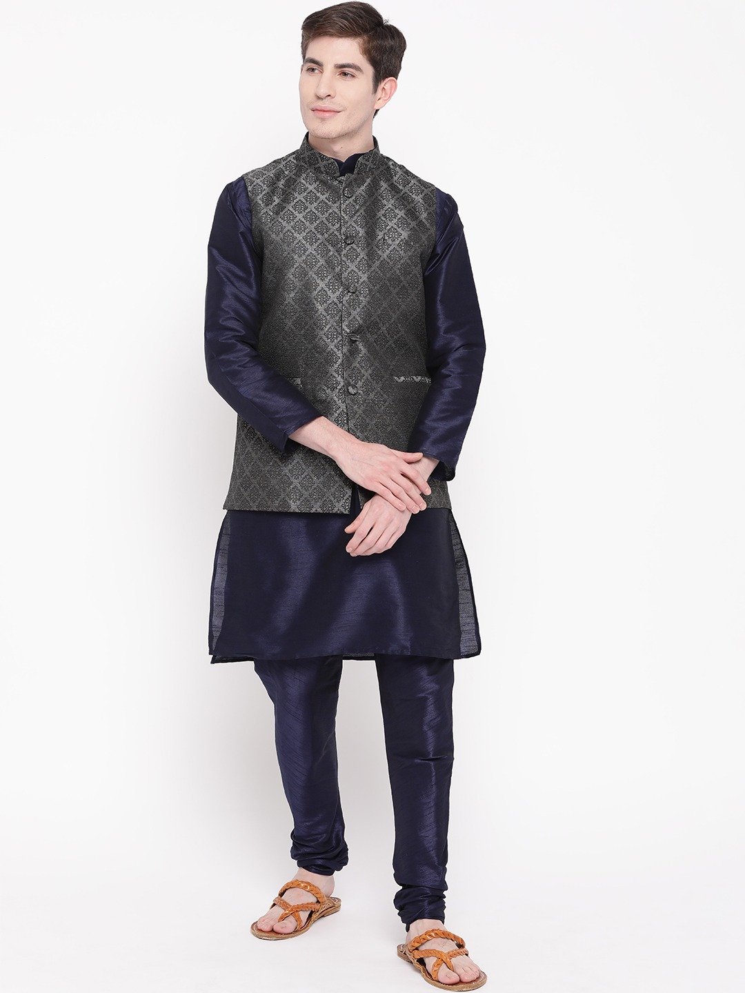Mag Men's Navy Blue Matching Kurta Churidar With Black 2nd Waiscoat For Men