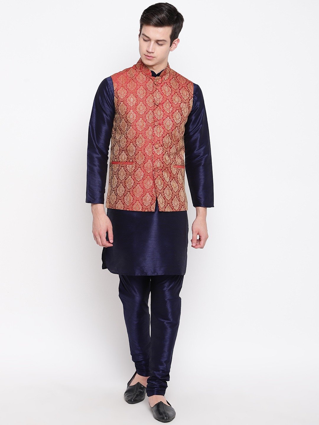 Mag Men's Navy Blue Matching Kurta Churidar With Mahroon Waiscoat  For Men