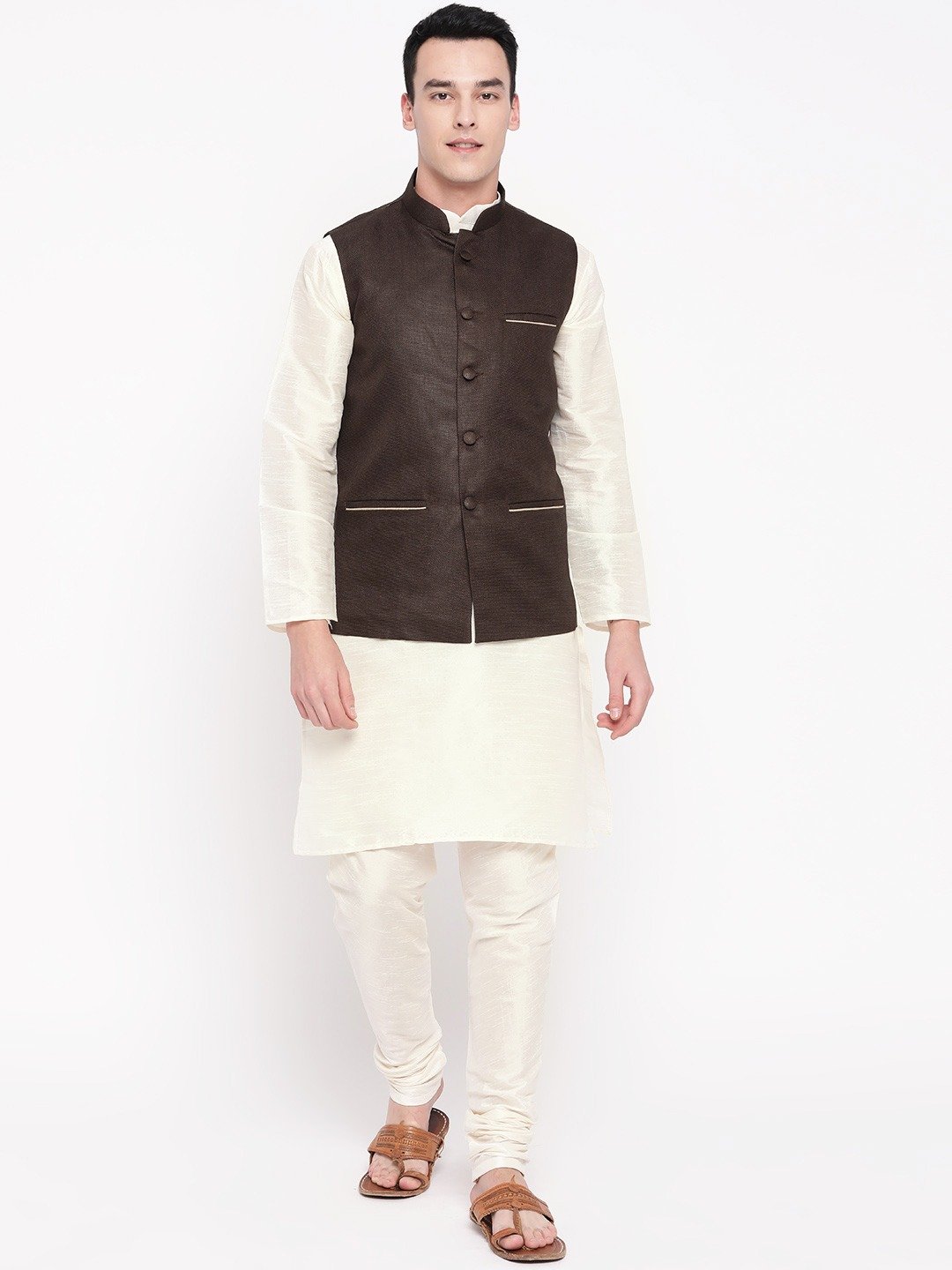 Mag Men's White Matching Kurta Churidar With Pink Voilet Waiscoat For Men