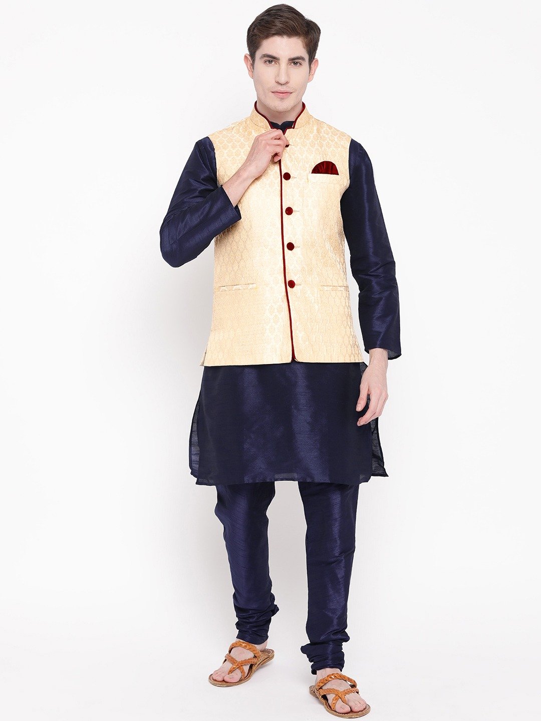 Mag Men's Navy Blue Matching Kurta Churidar With Gold Waiscoat For Men
