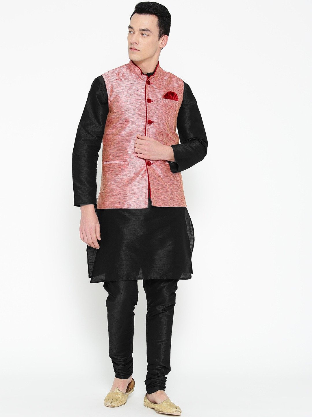 Mag Men's Black Matching Kurta Churidar With Pink Waiscoat For Men