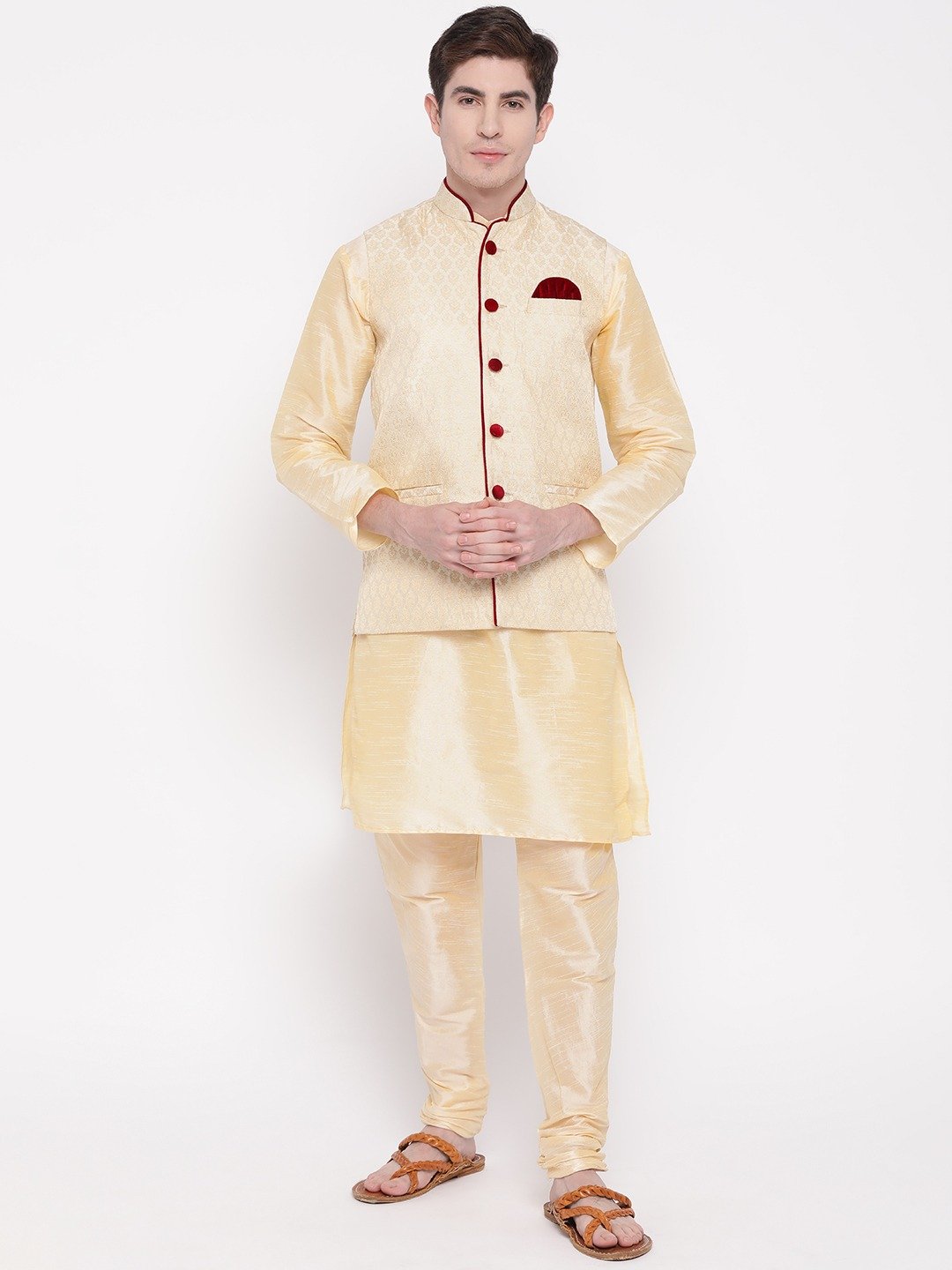 Mag Men's Gold Matching Kurta Churidar With Gold Waiscoat For Men