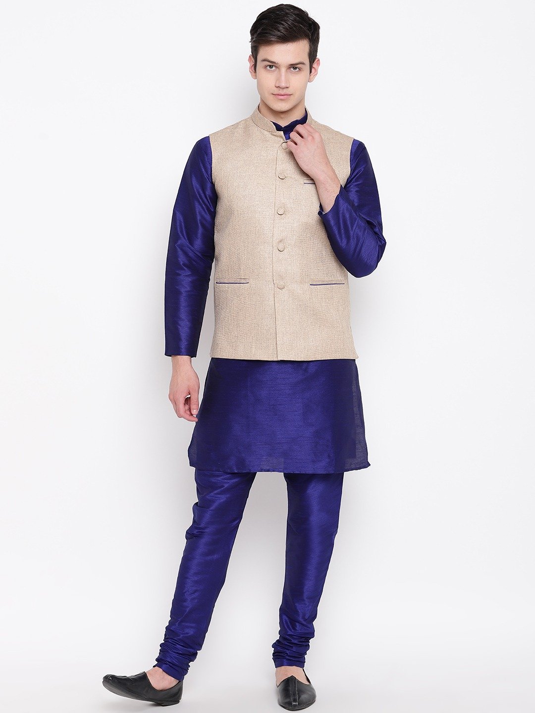 Mag Men's Royal Blue Matching Kurta Churidar With Coffee Joot Waiscoat For Men