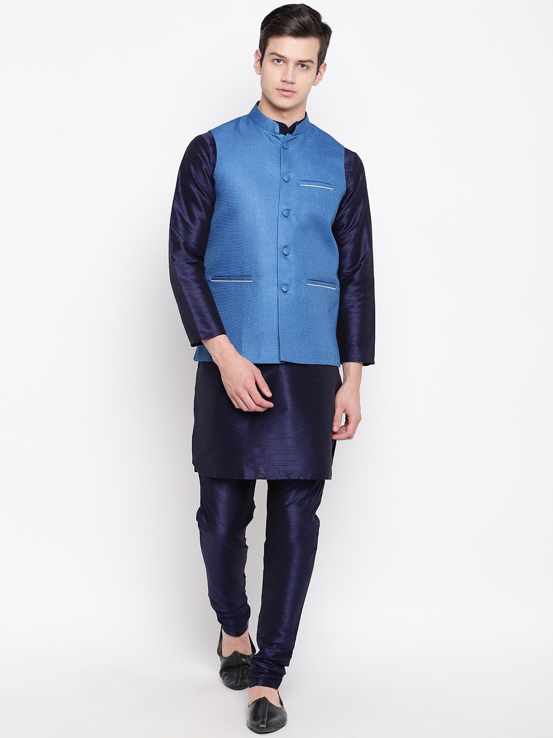 Mag Men's Navy Blue Matching Kurta Churidar With Sky Blue Joot Waiscoat For Men
