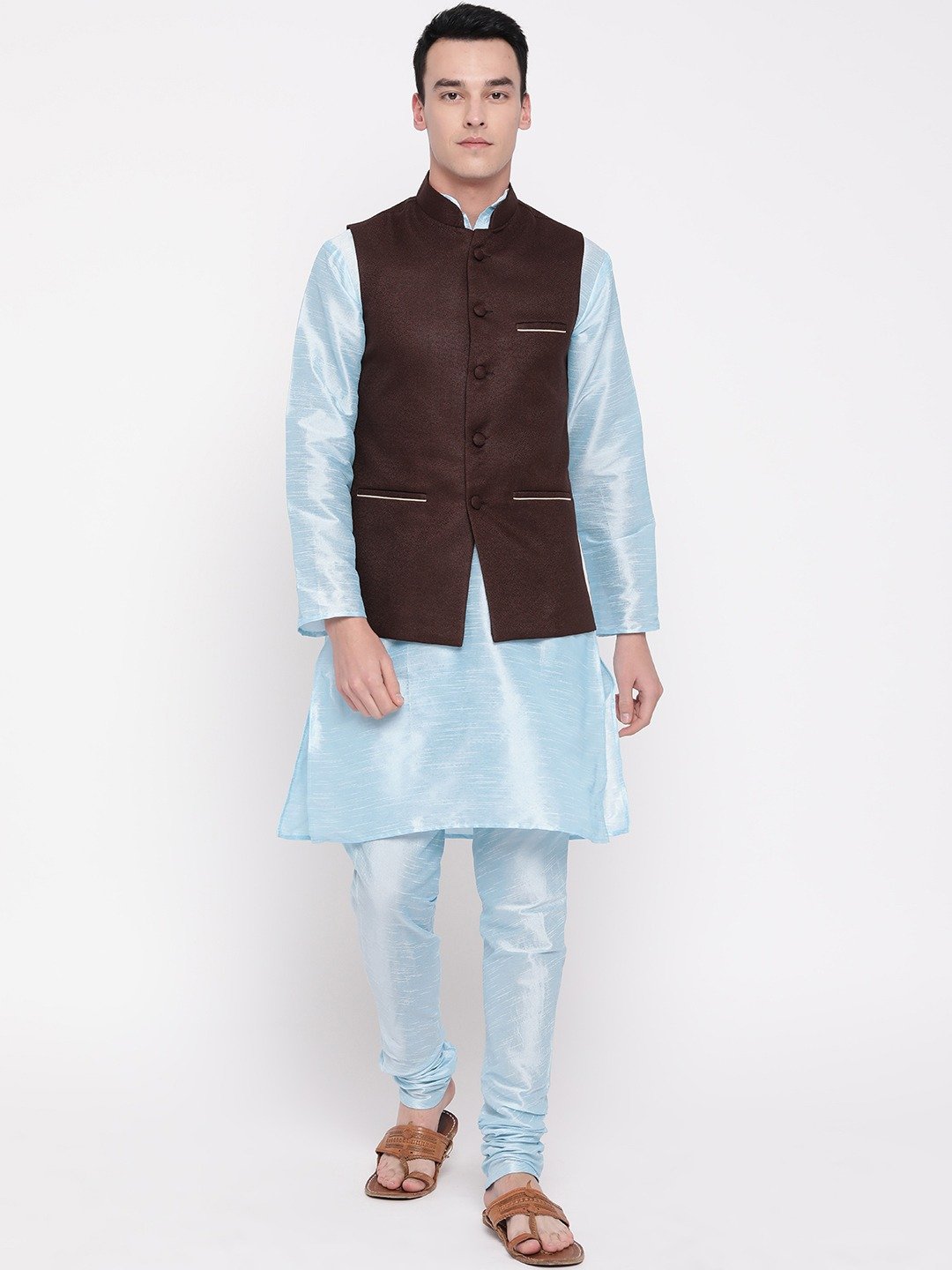 Mag Men's Sky Blue Matching Kurta Churidar With Pink Voilet Joot Waiscoat For Men