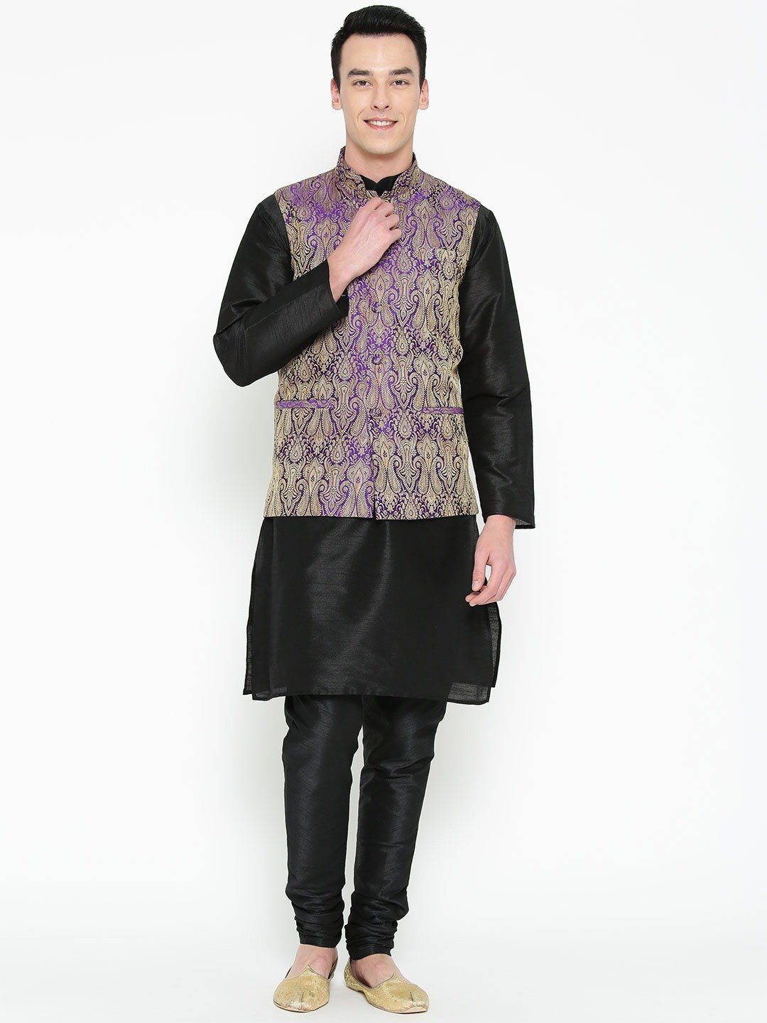 Mag Men's Black Matching Kurta Churidar With Purple Waiscoat For Men