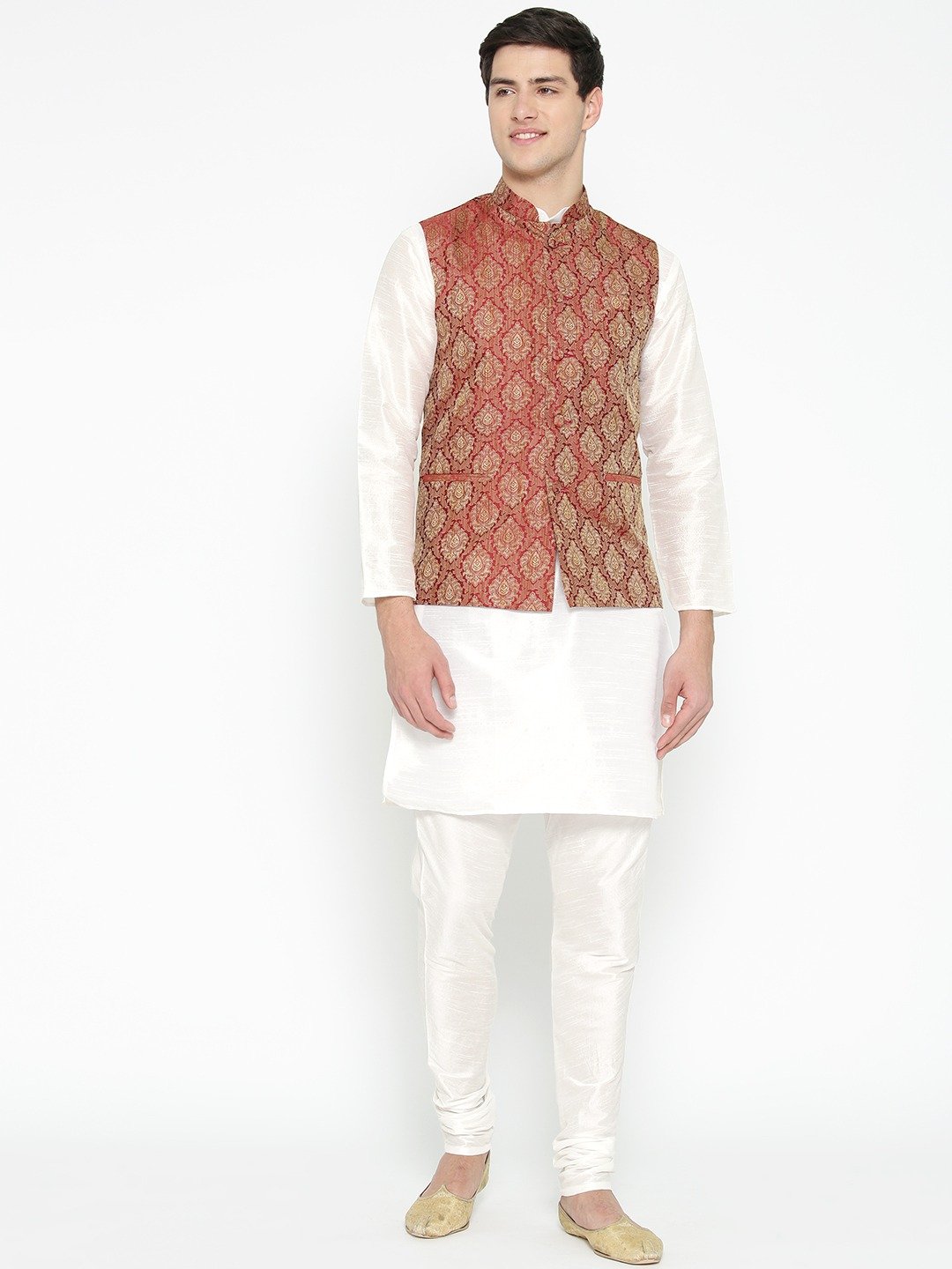 Mag Men's White Matching Kurta Churidar With Mahroon Waiscoat  For Men
