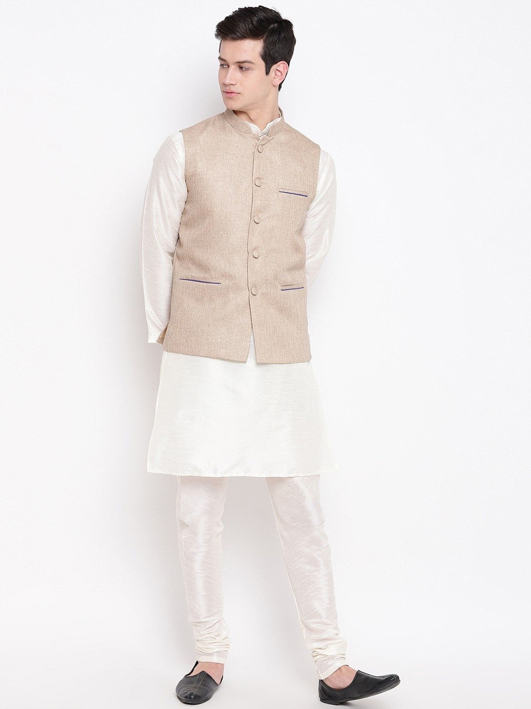 Mag Men's Cream Matching Kurta Churidar With Coffee Joot Waiscoat
