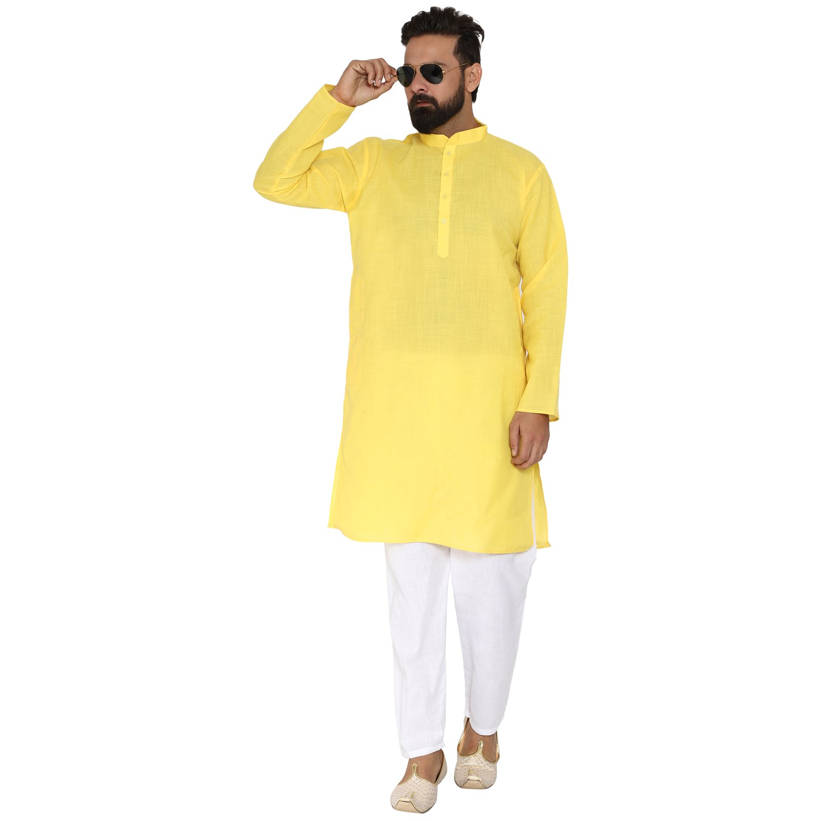 Mag Men's Cotton Yellow Kurta White Pajama Set For Men