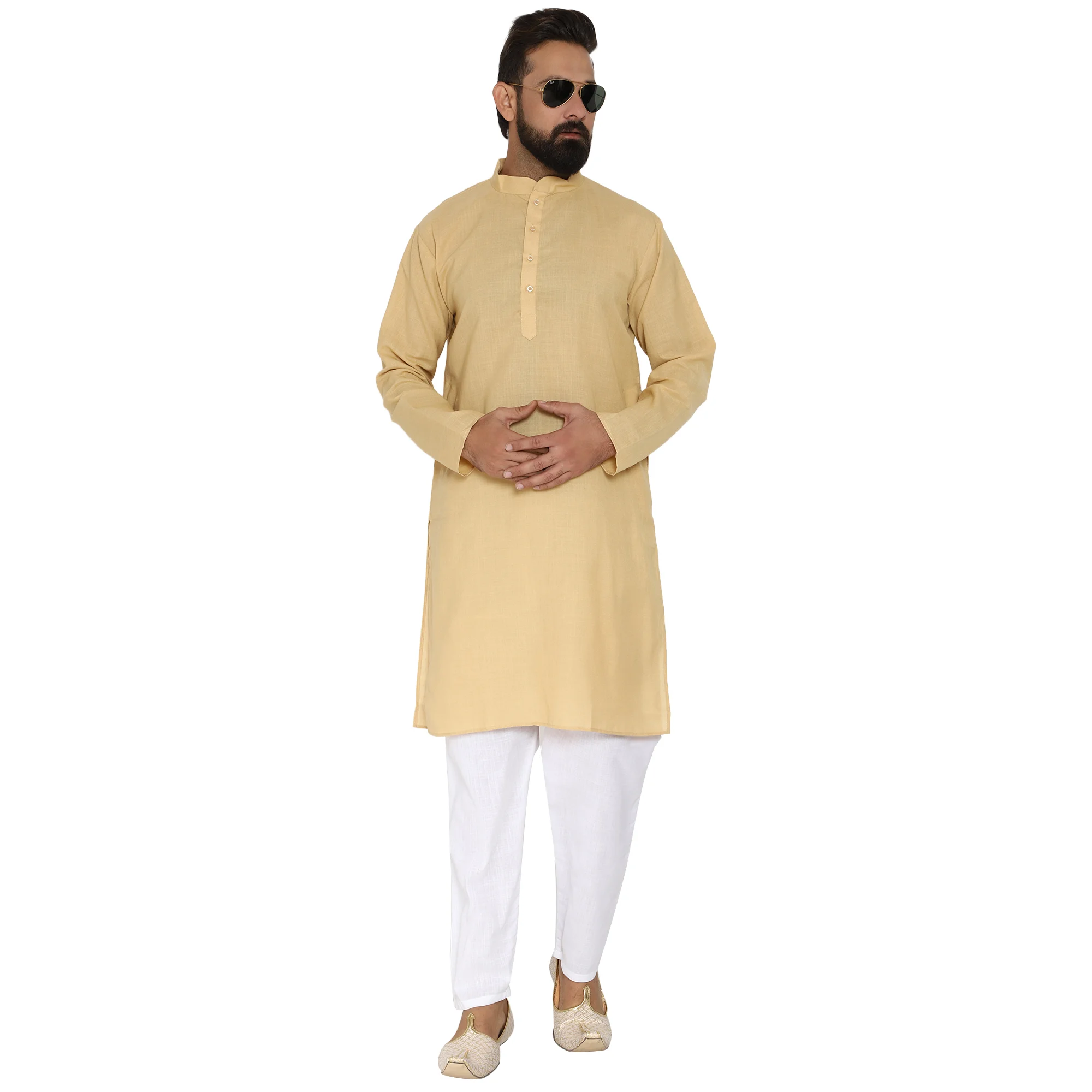 Mag Men's Cotton Gold Kurta White Pajama Set For Men