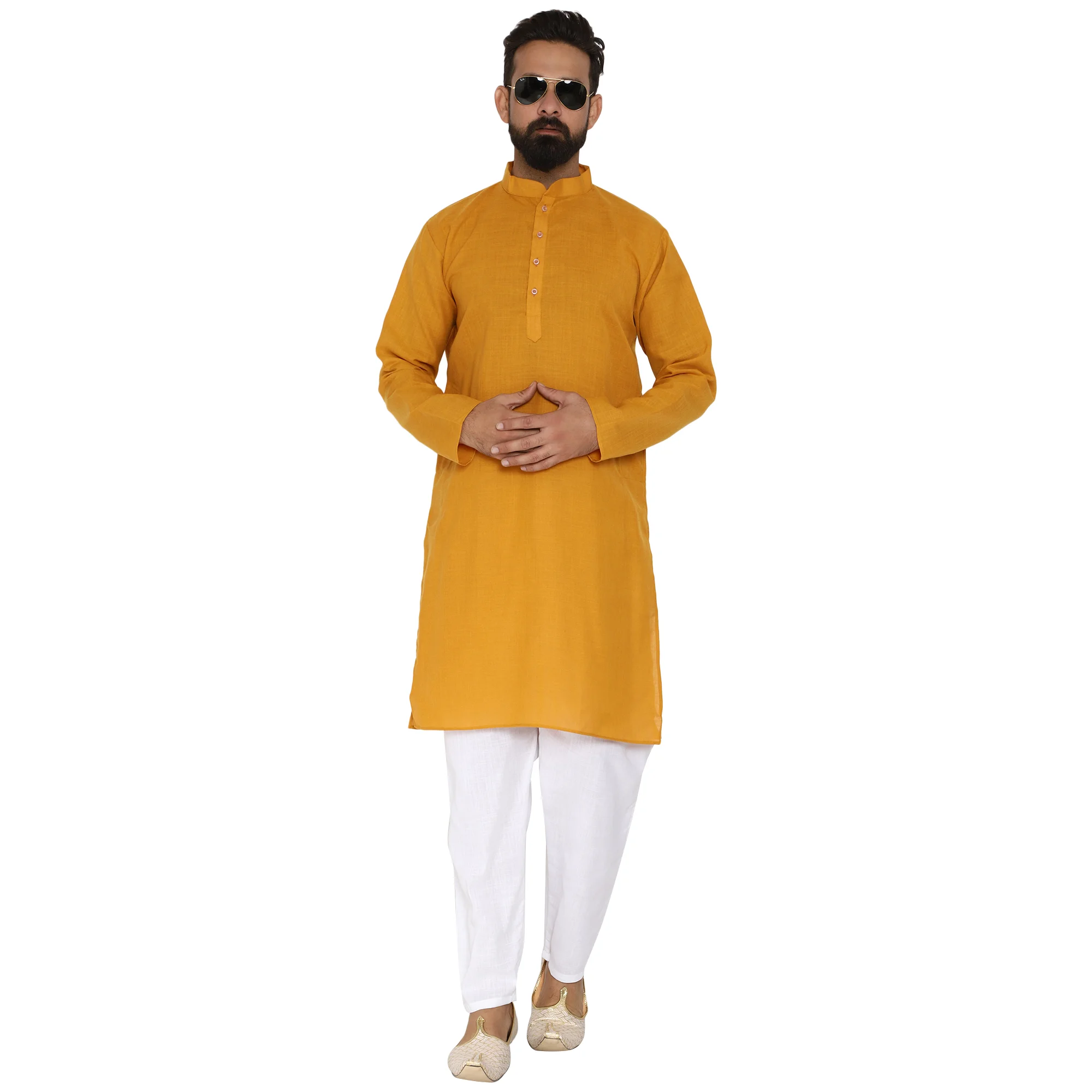 Mag Men's Cotton Mustard Kurta White Pajama Set For Men