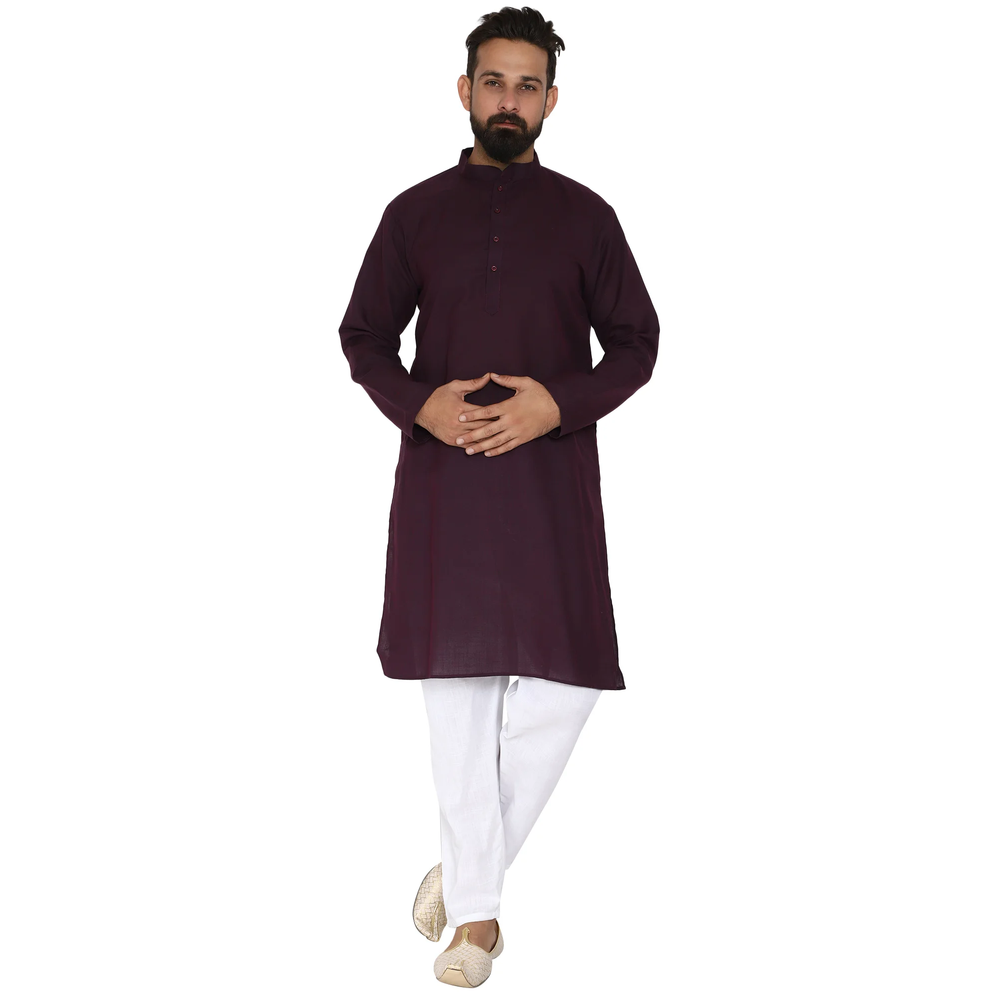 Mag Men's Cotton Pink Violet Kurta White Pajama Set  For Men