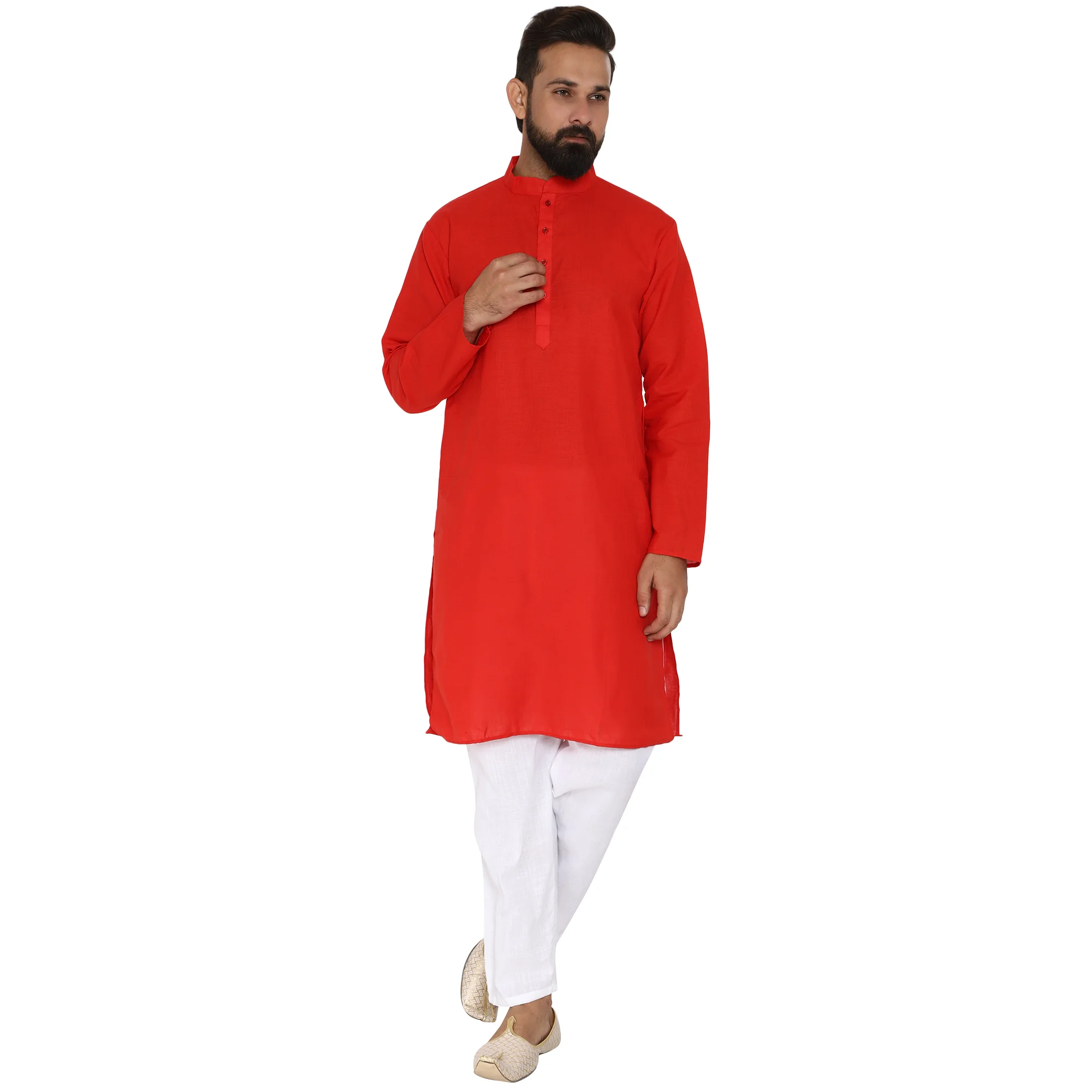 Mag Men's Cotton Red Kurta White Pajama Set  For Men