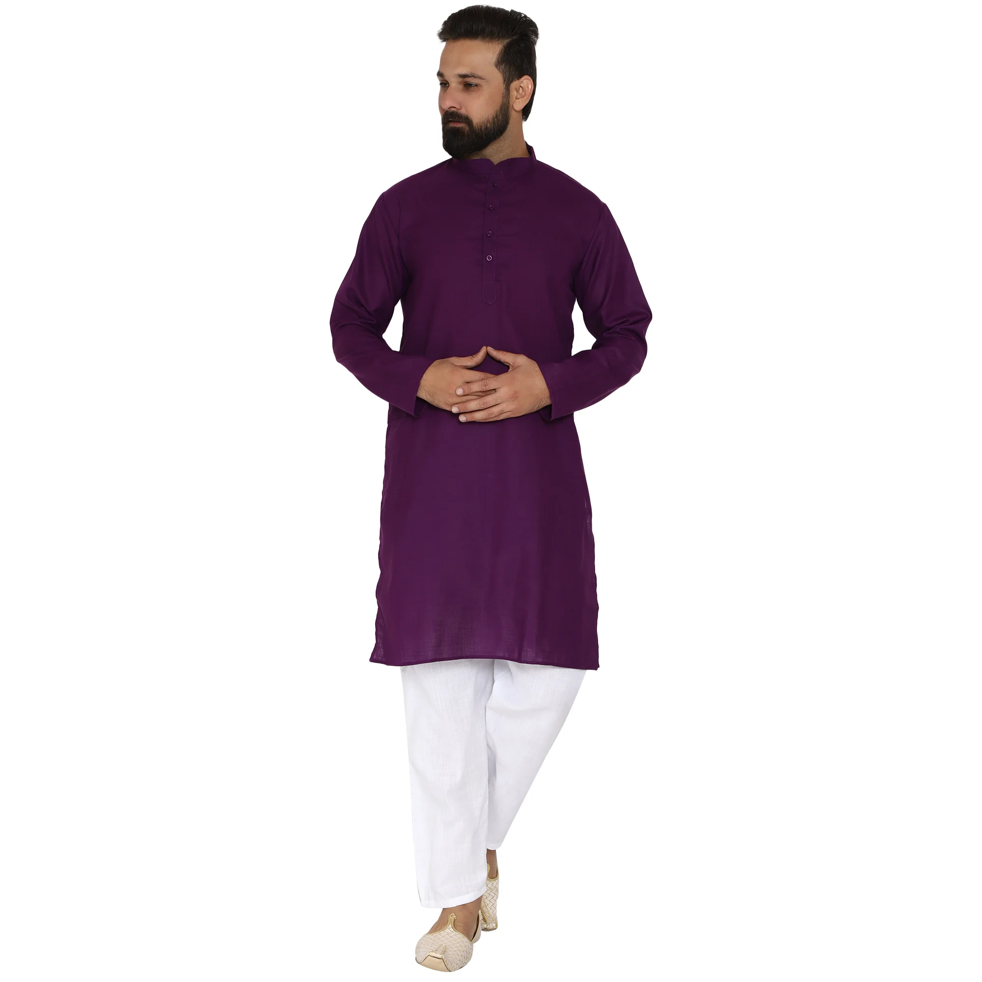 Mag Men's Cotton Purple Kurta White Pajama Set  For Men
