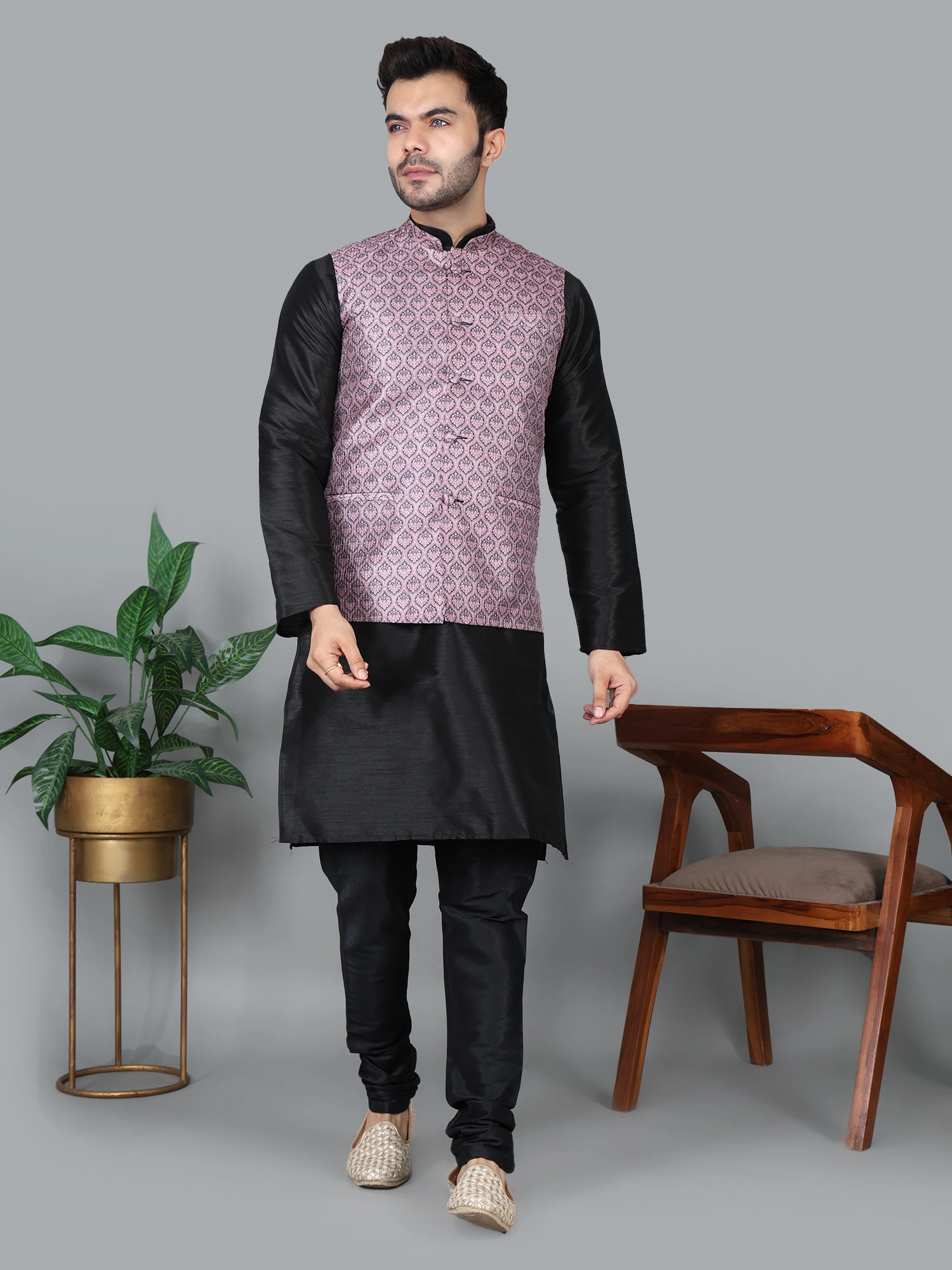 Men’s Black Kurta Churidar with Printed Pink Waistcoat
