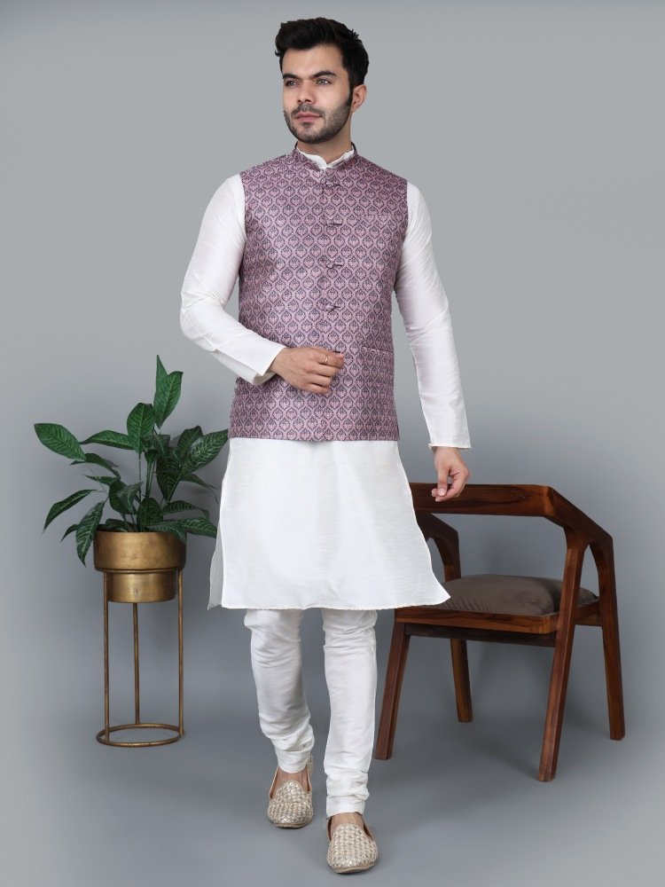 Men’s Cream Kurta Churidar with Printed Pink Waistcoat