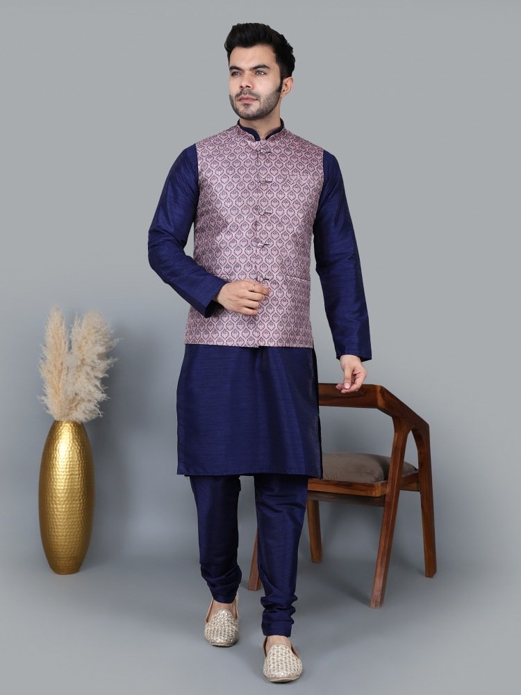 Men’s Navy Blue Kurta Churidar with Printed Pink Waistcoat