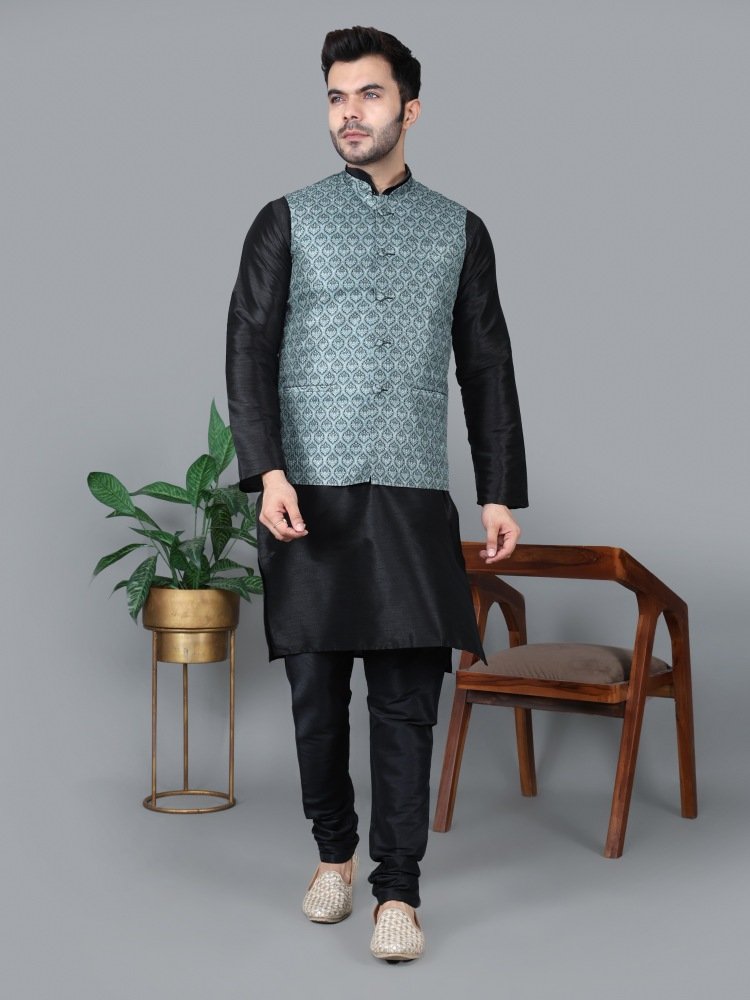 Men’s Black Kurta Churidar with Gray Printed Waistcoat