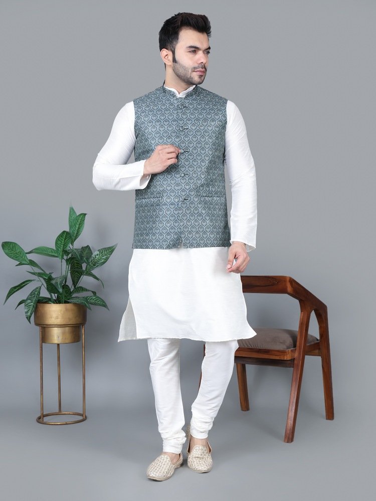 Men’s Cream Kurta Churidar with Gray Printed Waistcoat