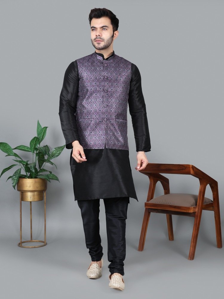 Men’s Black Kurta Churidar with Printed Purple Waistcoat