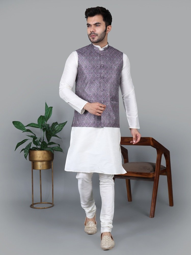 Men’s Cream Kurta Churidar with Printed Purple Waistcoat