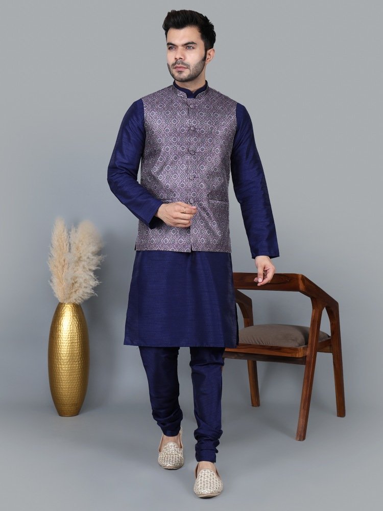 Men’s Navy Blue Kurta Churidar with Printed Purple Waistcoat