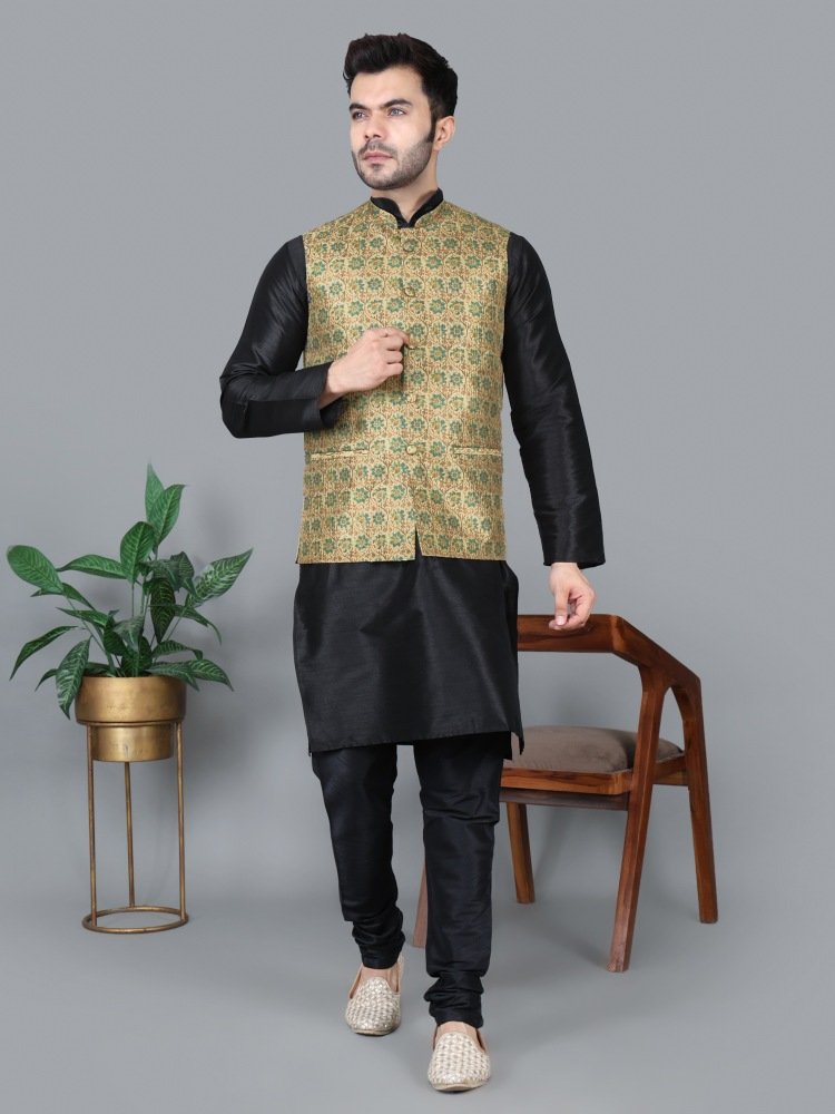 Men’s Black Kurta Churidar with Blue Flower Waistcoat