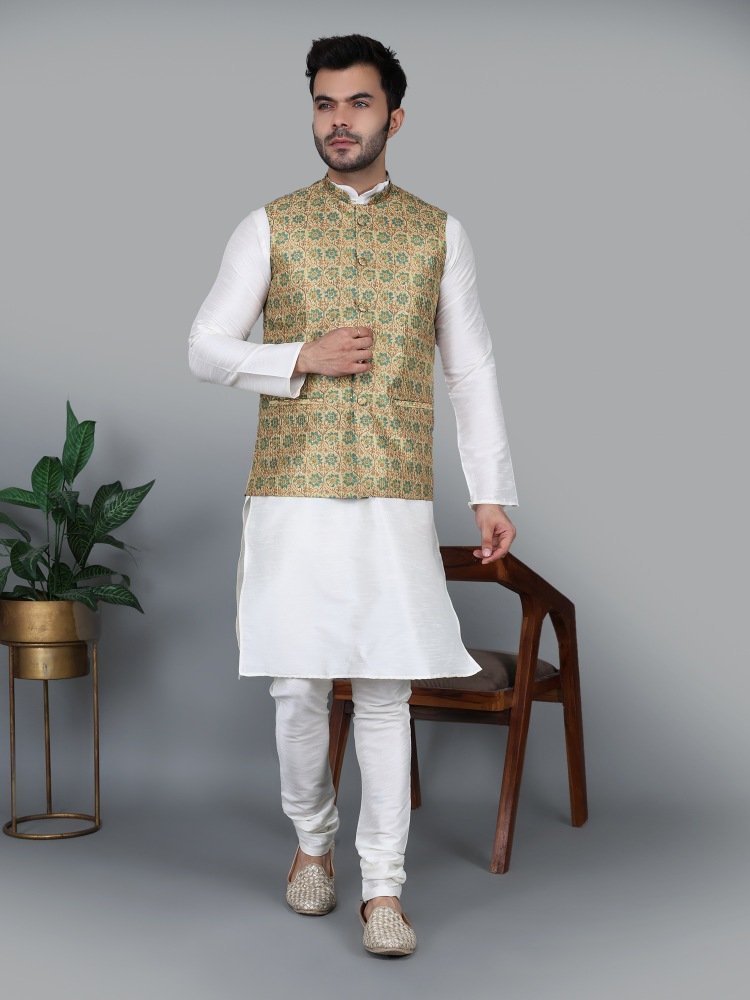 Men’s Cream Kurta Churidar with Blue Flower Waistcoat