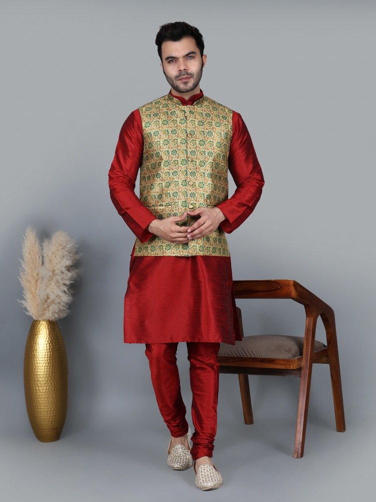 Men’s Maroon Kurta Churidar with Blue Flower Waistcoat