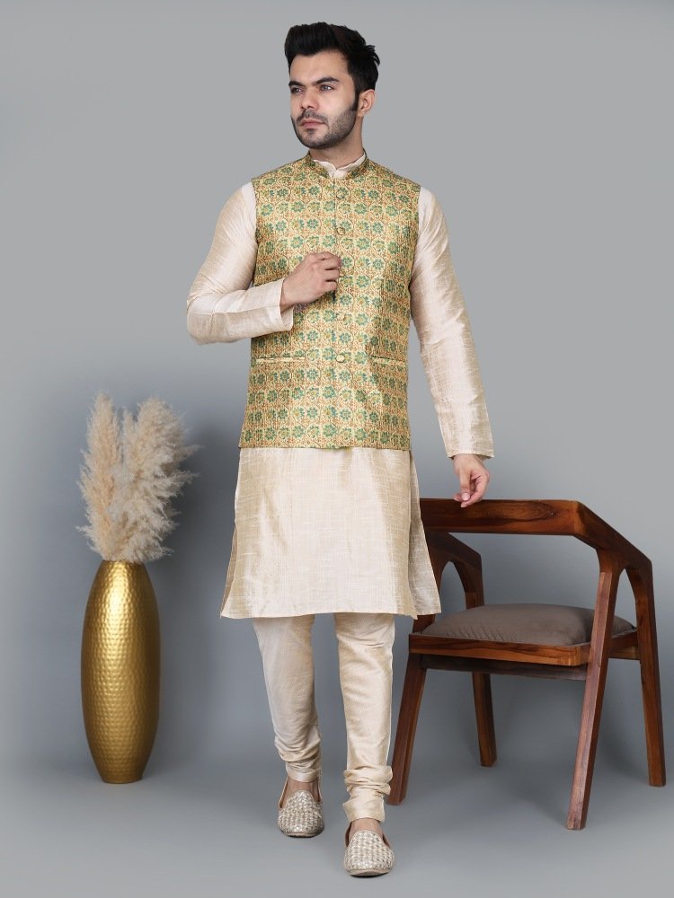 Men’s Double Tone Kurta Churidar with Blue Flower Waistcoat