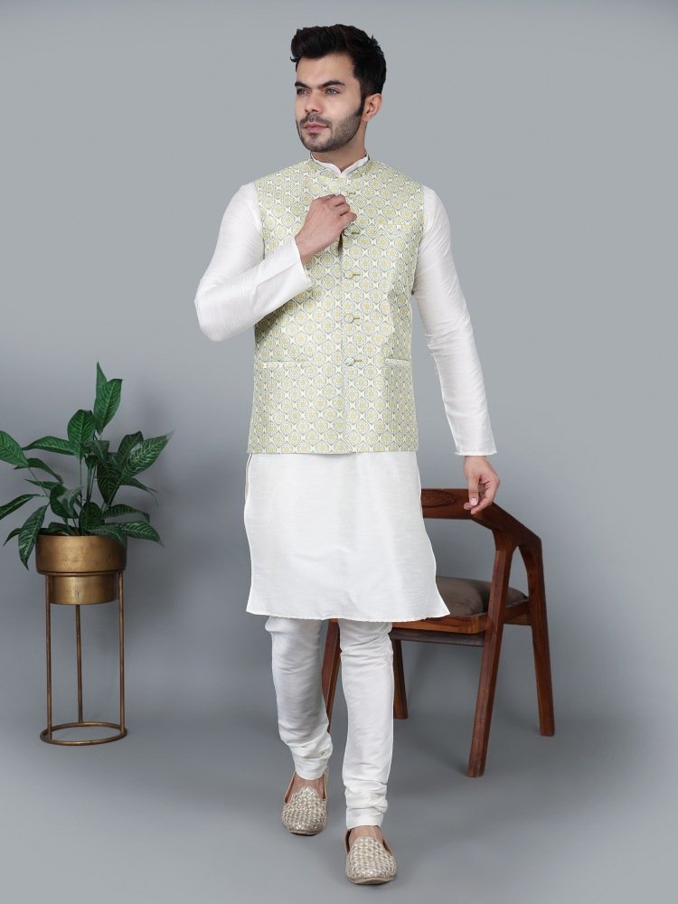 Men’s Cream Kurta Churidar with Yellow Printed Waistcoat