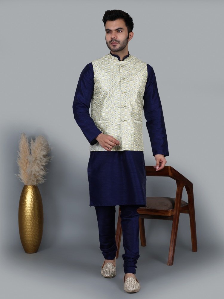 Men’s Navy Blue Kurta Churidar with Yellow Printed Waistcoat