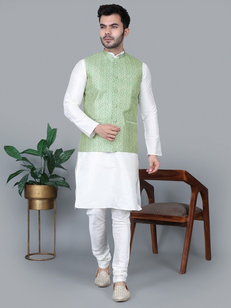 Men’s Cream Kurta Churidar with Green Zig-Zag Waistcoat