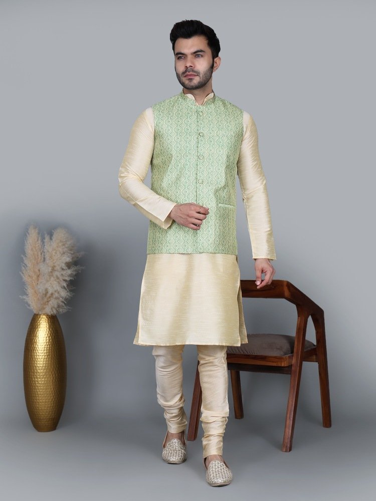 Men’s Gold Kurta Churidar with Green Zig-Zag Waistcoat