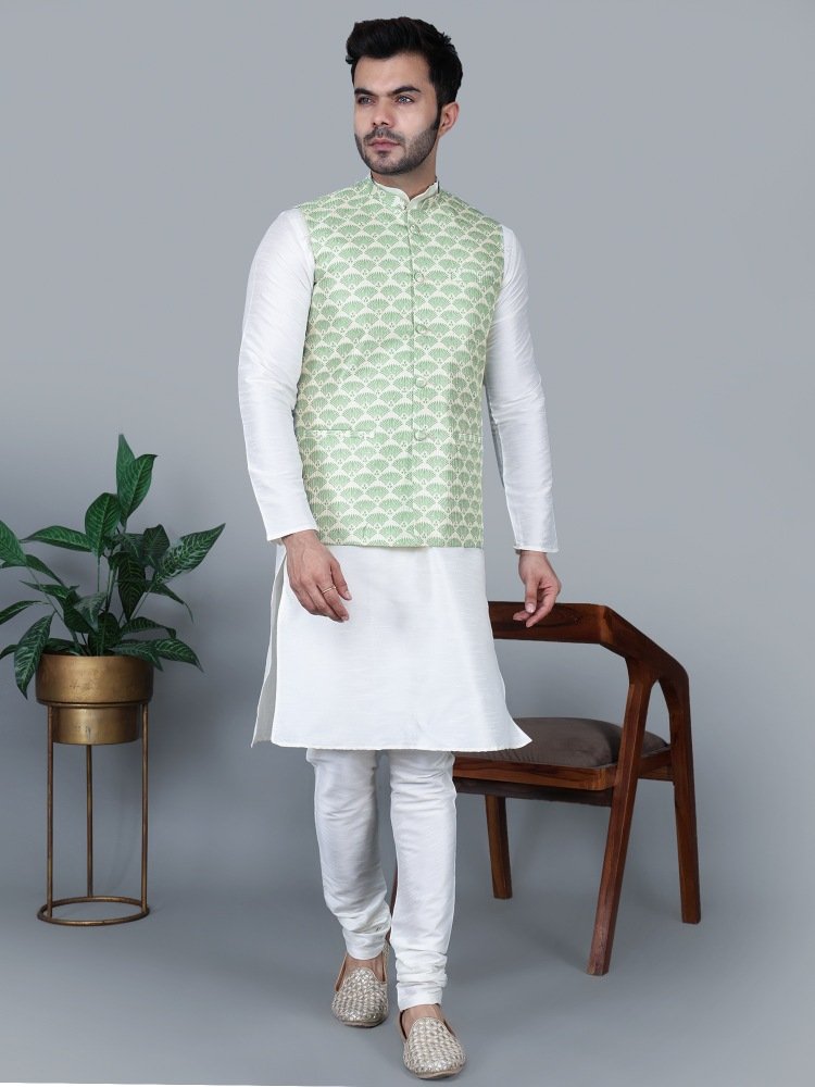 Men’s Cream Kurta Churidar with Green feather printed Waistcoat