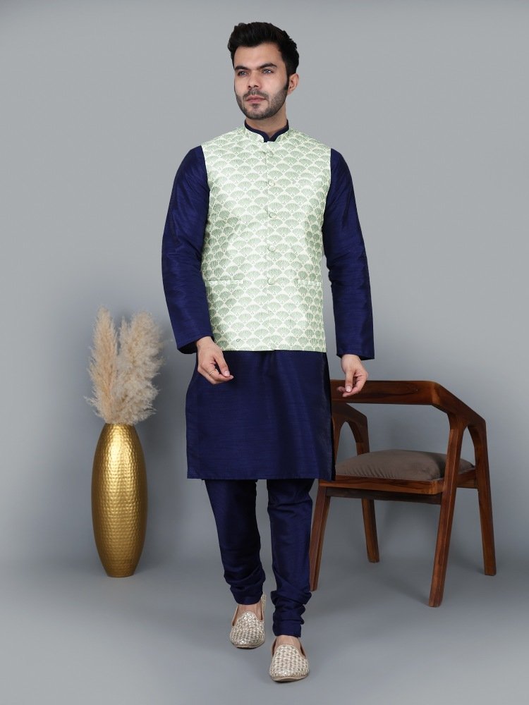 Men’s Navy Blue Kurta Churidar with Green feather printed Waistcoat