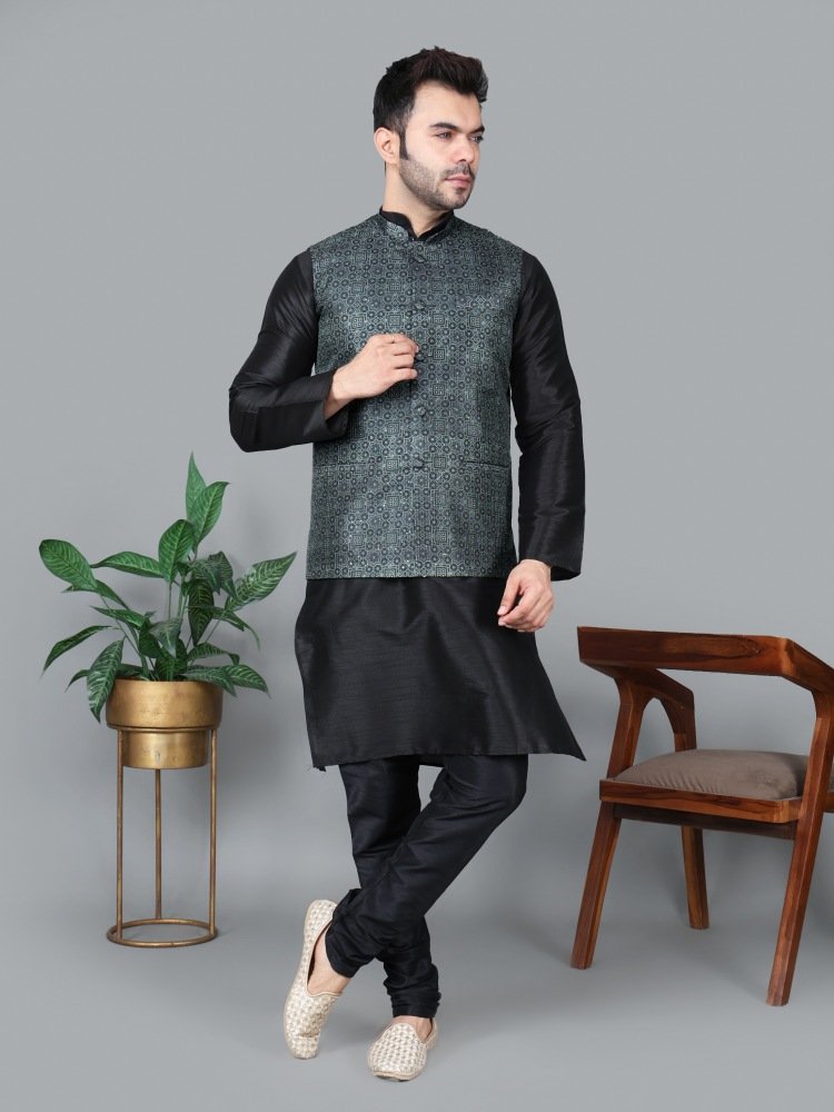 Men’s Black Kurta Churidar with Printed Black Box Waistcoat