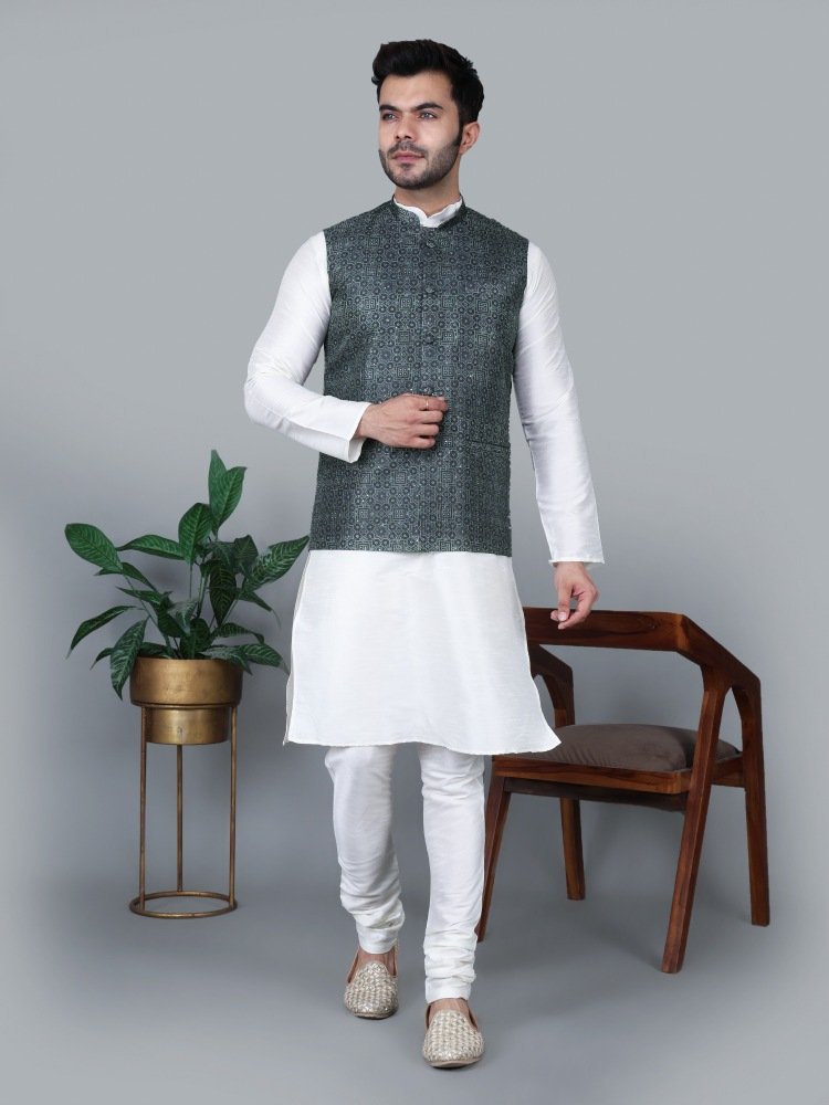 Men’s Cream Kurta Churidar with Printed Black Box Waistcoat